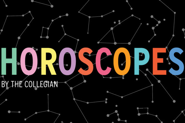 Illustration of black background with constellations with big rainbow lettering titled, "Horoscopes"