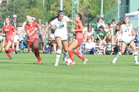Senior forward Kristen Noonan dribbles between a set of South Dakota defenders in the Colorado State womens soccer match against South Dakota on Aug. 26. The Rams remained tied at 0-0 at the end of the match with the visiting Coyotes. (Gregory James | The Collegian)