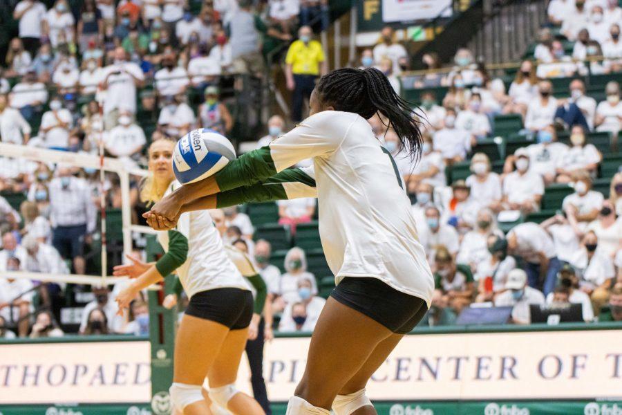Kennedy Stanford (17) passes the ball towards the setter, during the Colorado State Universitys opening match vs Northwestern University at Moby Arena. Northwestern wins 3-1. (Devin Cornelius | The Collegian)