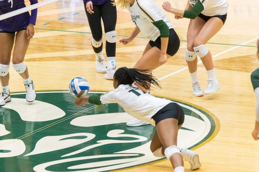 Kennedy Stanford (17) digs down to pass the ball towards the setter, during the Colorado State University's opening match vs Northwestern University at Moby Arena. Northwestern wins 3-1. (Devin Cornelius | The Collegian)