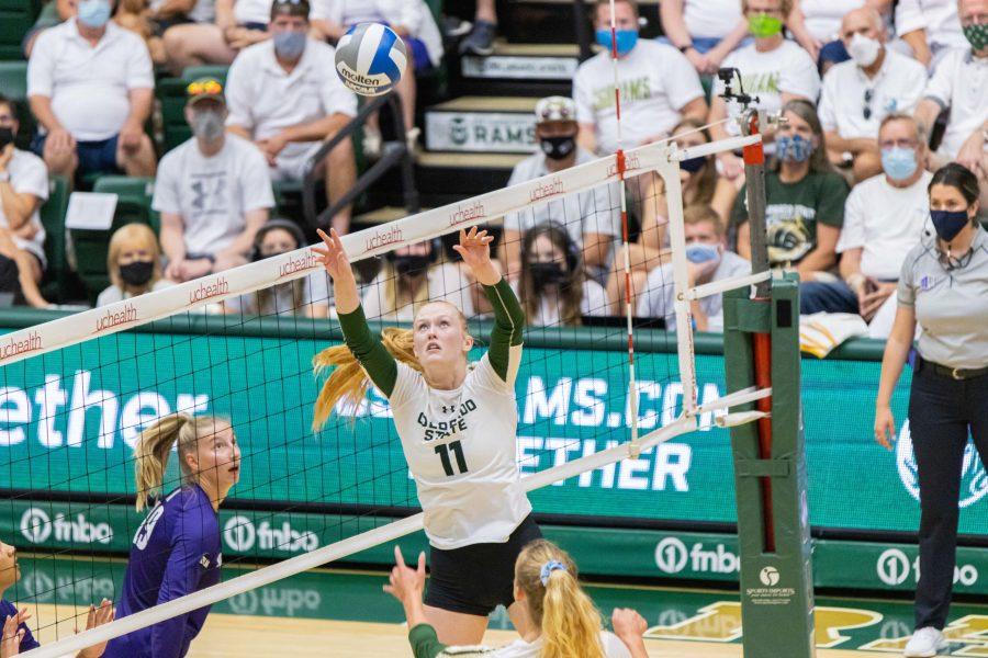 Ciera Pritchard (11) sets the ball towards one of the outside hitters, during the Colorado State University home opening game vs Northwestern University at Moby Arena. CSU loses 3-1. (Devin Cornelius | The Collegian)