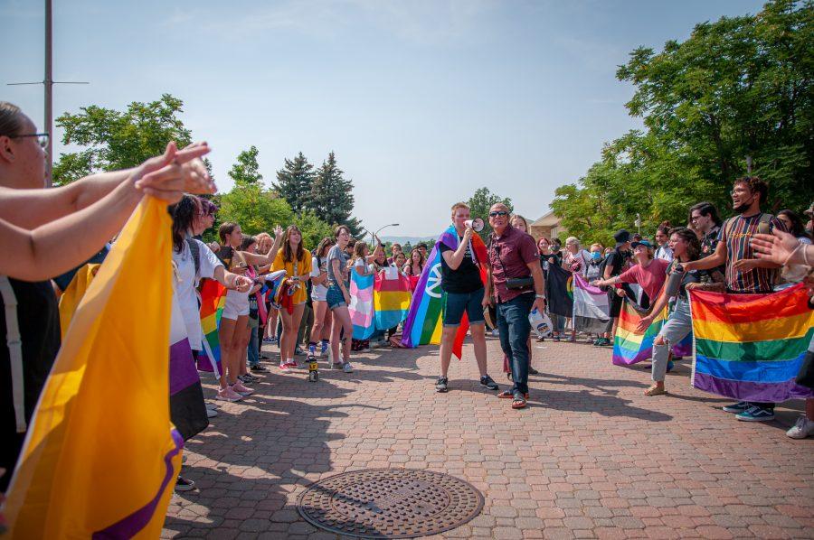 Religious preacher and students clash with each other at The Plaza Sept . 8. Students thought the religious ideology was taken to the extreme, so others joined in to rally against sexist and homophobic beliefs. (Tri Duong | The Collegian)