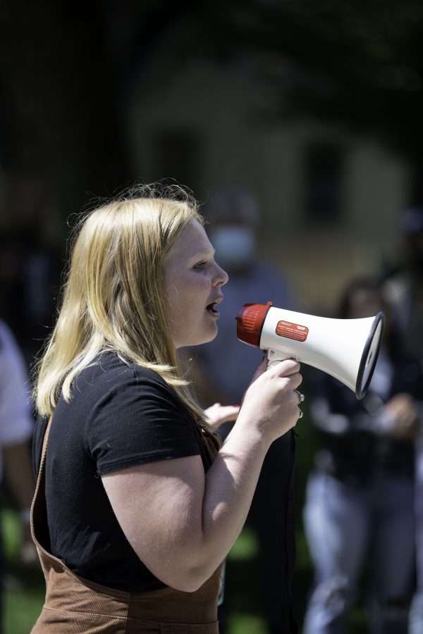 Sophie Orsund talks about her experiences with hate speech throughout her life. Orsund is part of the Call Out Colorado State University protest, a student response at CSU's handling of controversial discussions Sept. 17. (Garrett Mogel | The Collegian)