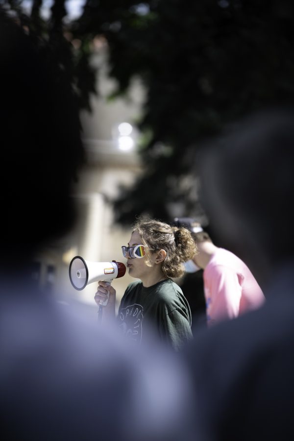 Nora Aslan shares their experiences with controversial discussions. Aslan is speaking as part of the Call Out CSU protestors who have organized against controversial discussions on campus. Sept. 17. (Garrett Mogel | The Collegian)