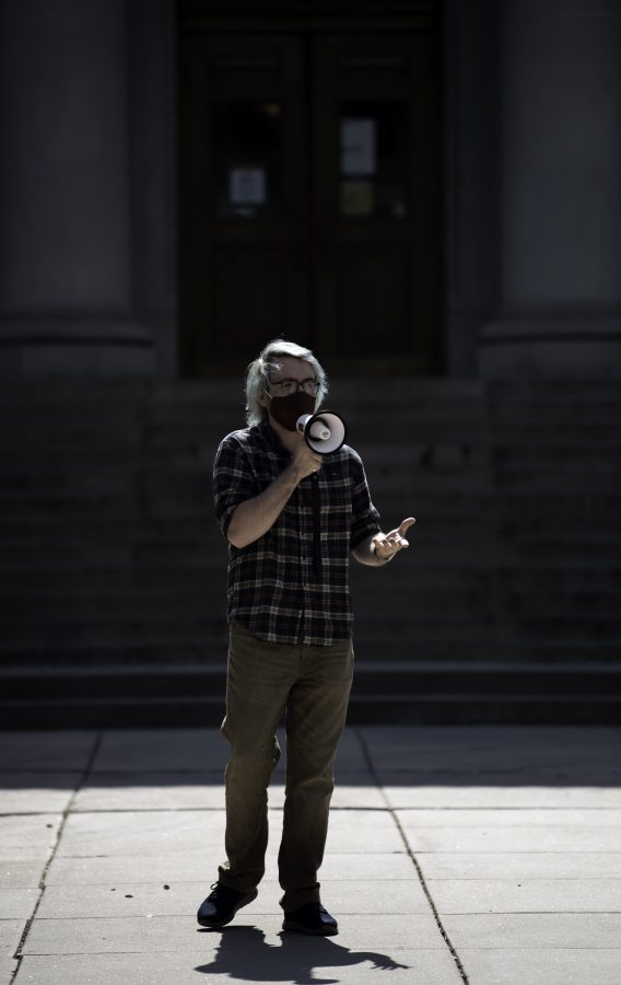 Emery Jenkin, Speaker Pro Tempore For ASCSU speaks in front of Call Out Colorado State University protestors who have organized in front of the Administrative Building in protest of CSU's handling of controversial discussion on campus Sept 17. (Garrett Mogel | The Collegian)