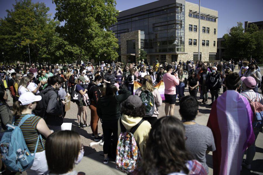 Call Out CSU protestors organize on the Colorado State University Plaza before marching to the Oval Sept. 17. (Garrett Mogel | The Collegian)