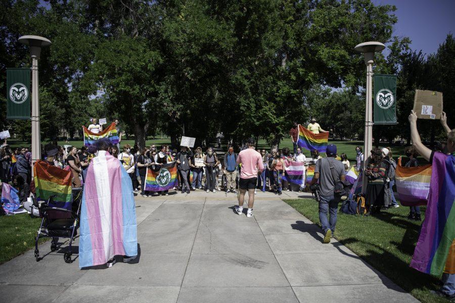 Call Out Colorado State University protestors gather in front of the Administrative Building south of the Oval on the CSU campus Sept. 17. (Garrett Mogel | The Collegian)