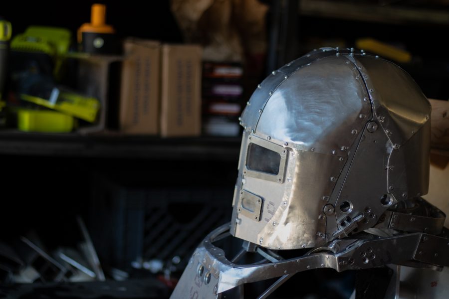 Dylan Edmiston’s Mark I Iron Man suit sits in his home workshop moments before he straps in to pilot the exoskeleton Sept. 19. Edmiston designed and manufactured the suit himself.