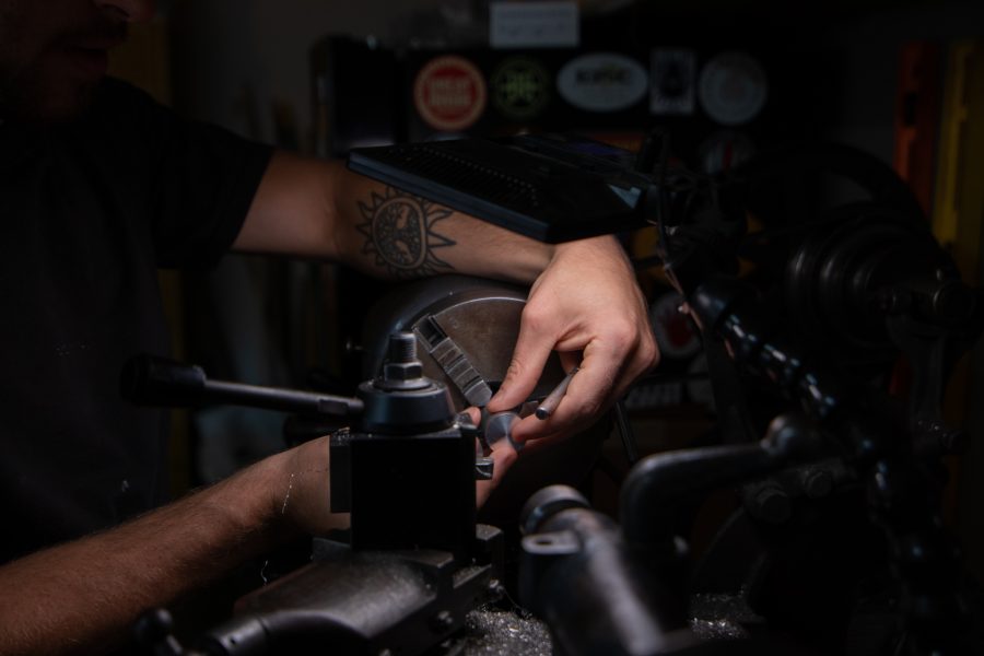 Dylan Edmiston creates one of his self-designed pieces to his Mark I Iron Man suit from his home workshop Sept. 19. “The reason I’m doing everything by myself is because I don’t have that much money, it would be a lot easier to just buy the tools. It’s a function of time versus money. If you’re doing something like this which you can’t buy you have to make it, no one sells anything like that. It’s a lot of work.” (Grayson Reed | The Collegian)
