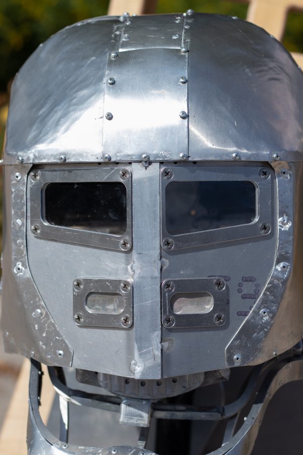 Dylan Edmiston’s face shield for his Mark I Iron Man suit Sept. 19. “I tell people I’m building an Iron Man suit, and they play it off as cosplay; nothing wrong with cosplay, but no, that’s not what I’m doing," Edmiston said. "I’m building a legitimate Iron Man suit, and I don’t think anyone is crazy enough to do that.” (Grayson Reed | The Collegian)