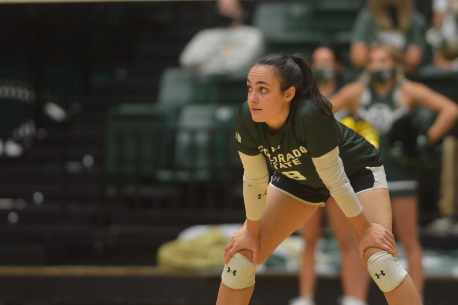 Colorado State Defensive Specialist and libero Alexa Roumeliotis waits for a serve by Boise State Sept. 23. Roumeliotis had 16 digs in the game, leading the Rams in their 3-0 win over the Broncos (Gregory James | The Collegian)