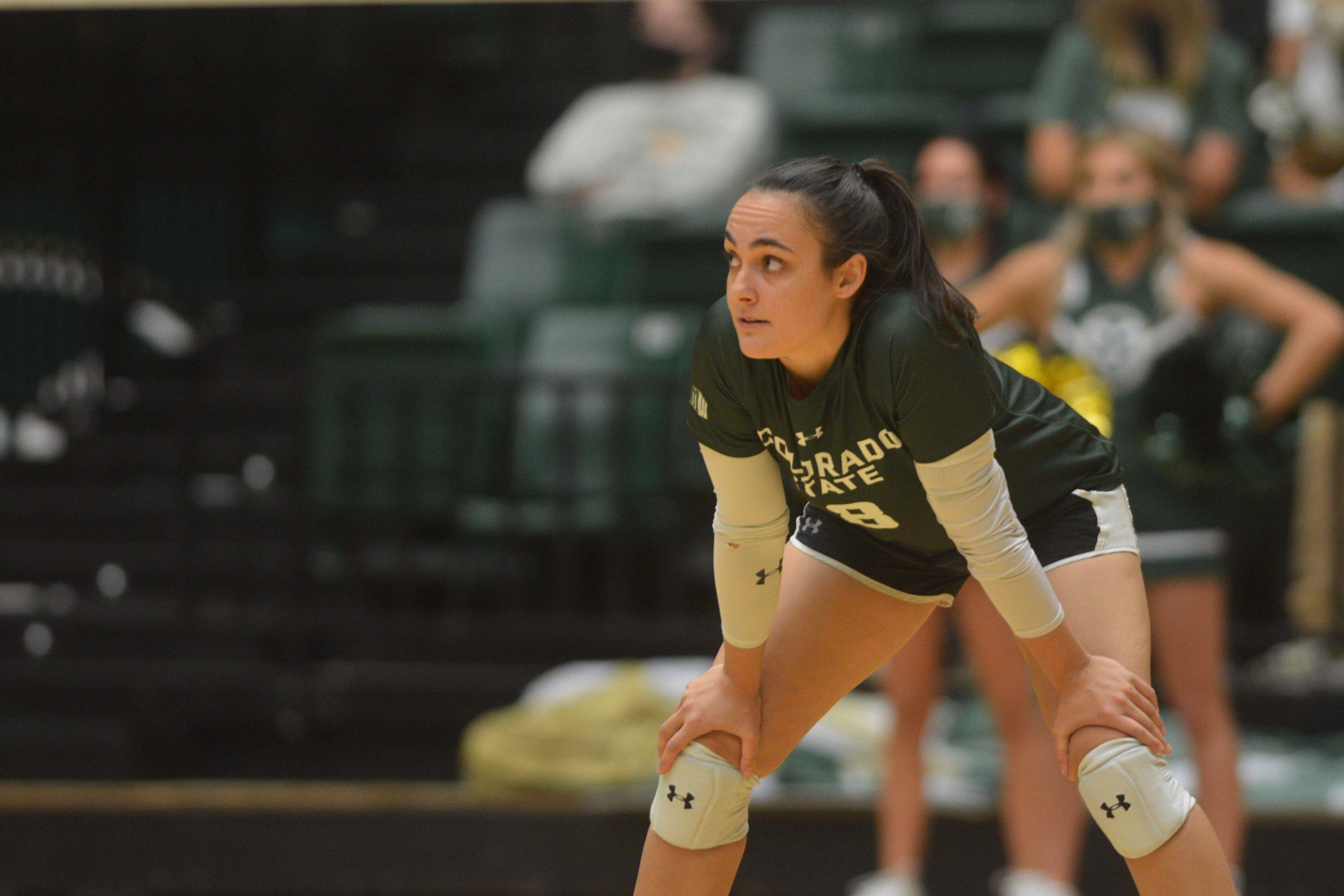 Colorado State Defensive Specialist and libero Alexa Roumeliotis waits for a serve