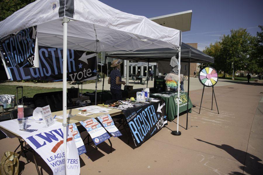 The league of Women Voters, New Era Colorado, and The Associated Students of Colorado State University set up booths on the CSU Plaza Sept. 28 with the goal of helping students register to vote. (Garrett Mogel | The Collegian) 

