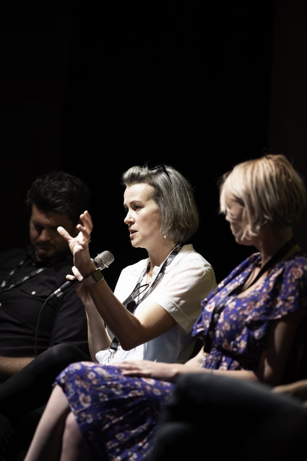 Christi Clay (middle) answers a question at the Horsetooth Int'l Film Festival. The film festival also known as HIFF took place from September 8th to12th 2021 at the Lyric in Fort Collins Colorado.  
