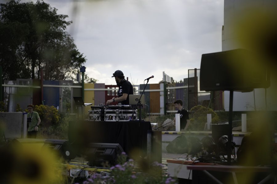 DJ starts playing music at the Lyric in Fort Collins Colorado. As part of the Horsetooth Int'l Film Festival live music was played between screening of the short films. 