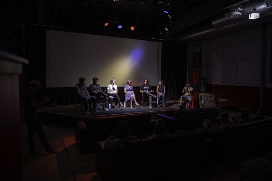 Panelists speaking at the Lyric Fort Collins Colorado for the HIFF Horsetooth Int'l Film Festival. From left to right, Amy Marquis, Michael Goodman, Hannah Smith, Christi Clay, Dave Gulick, Johnny Clay.
