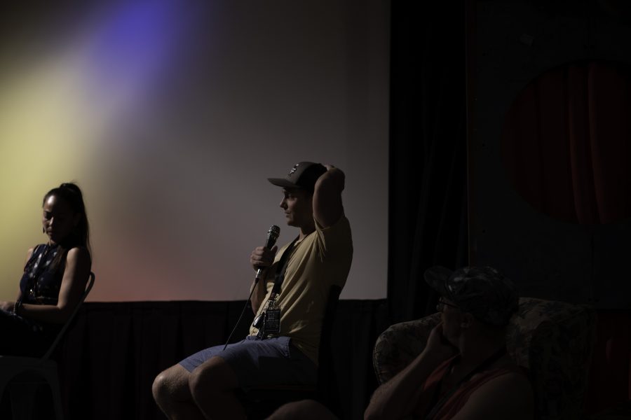 Co-founders of HIFF Jesse Nyander (right) John Hunt (middle) ask questions for panelists to discuss and answer. HIFF held their annual film festival at the Lyric in Fort Collins Colorado over the course of five days. Starting September 8th and continuing into September 12th. 
