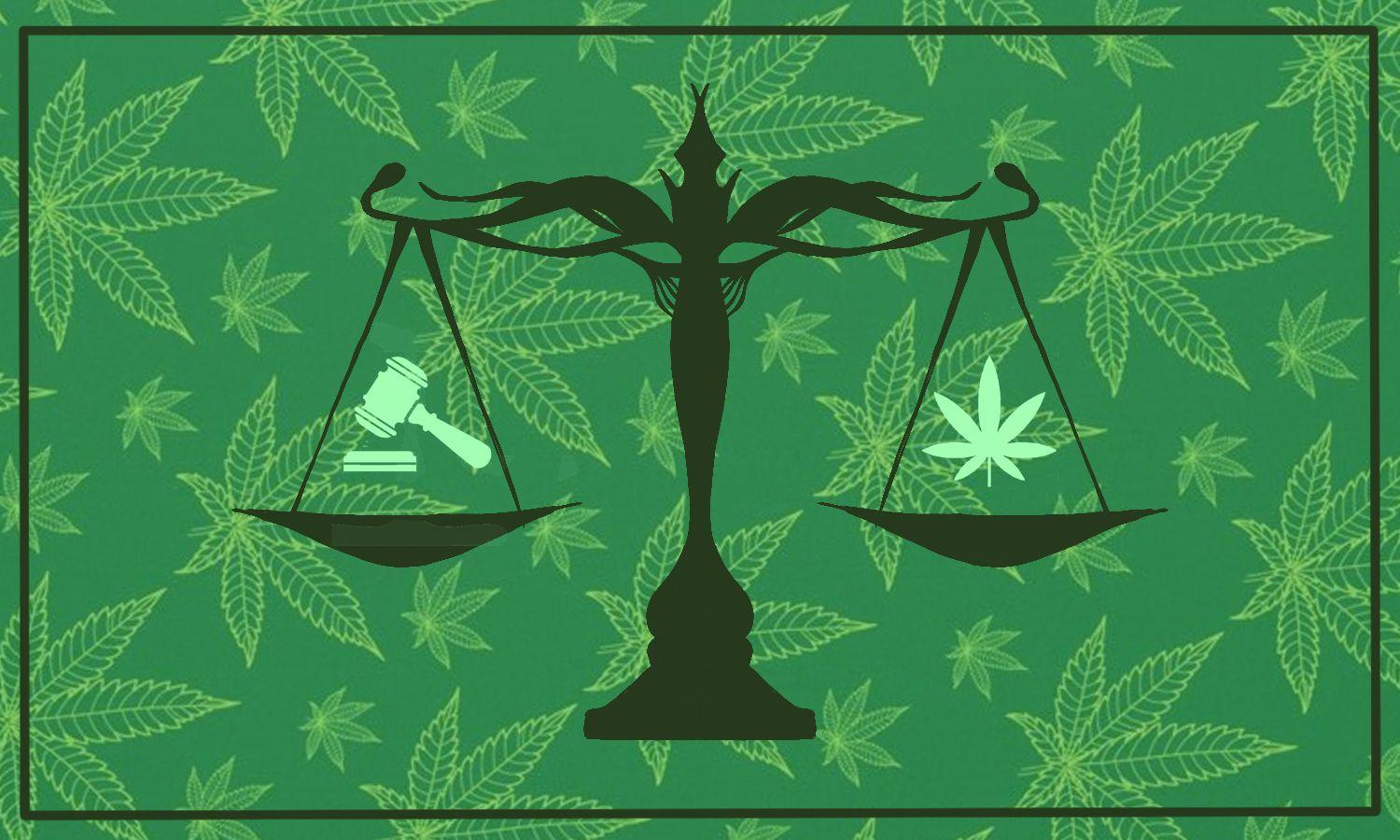 Justice scale with cannabis leaf on one side and a gavel on the other