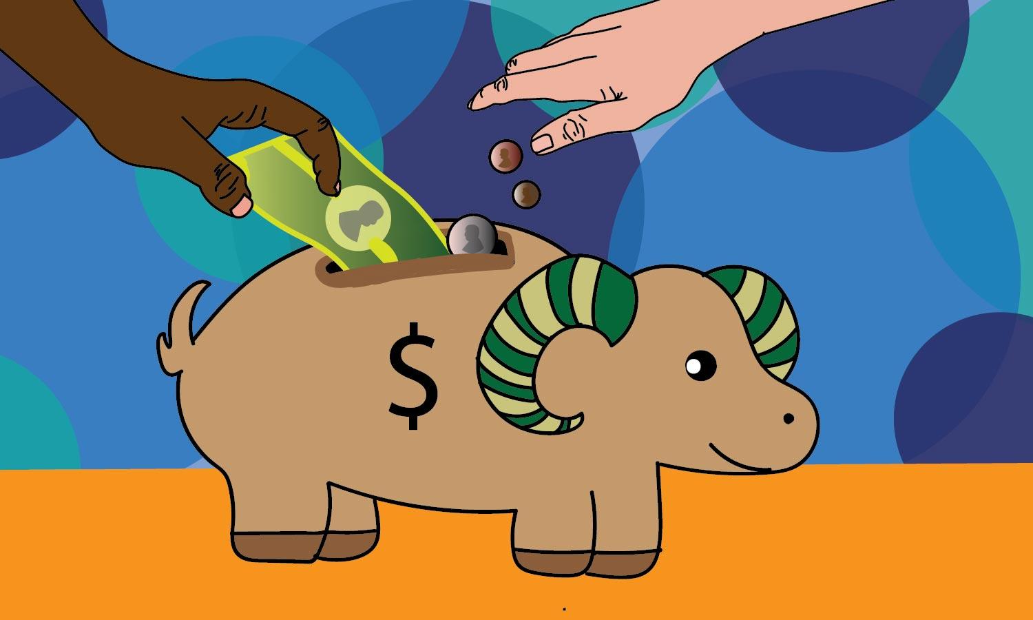 Illustration of Cam the Ram in the form of a piggy bank; two hands above putting money into it