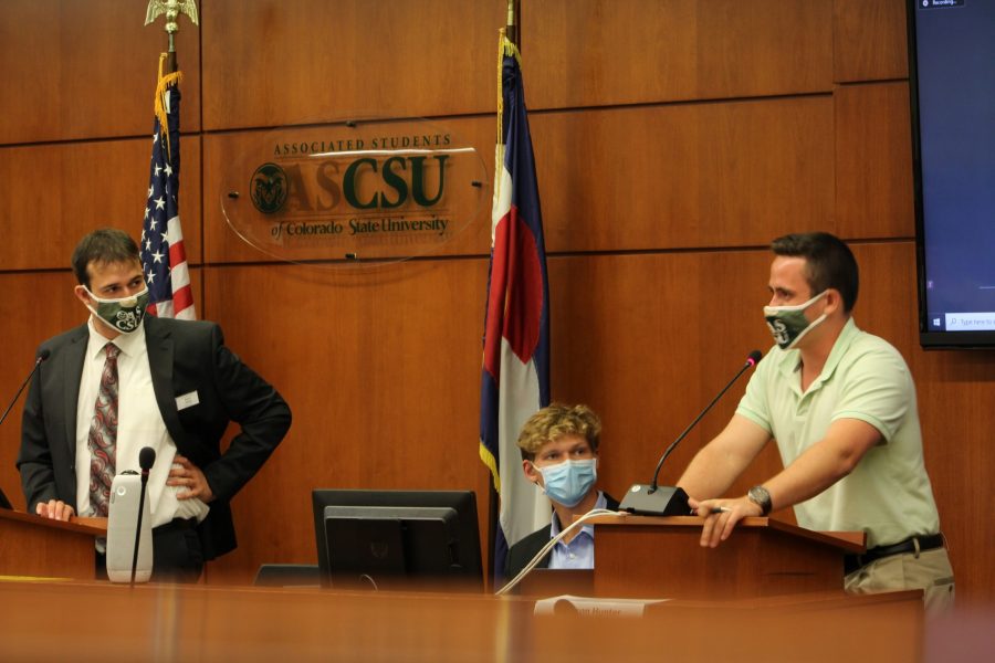 From left to right, Speaker of the Senate Kyle Hill, and Christian Dykson, President of Associated Students of Colorado State University speak at the first senate meeting of the Fall semester Sept. 1. (Cat Blouch | The Collegian)