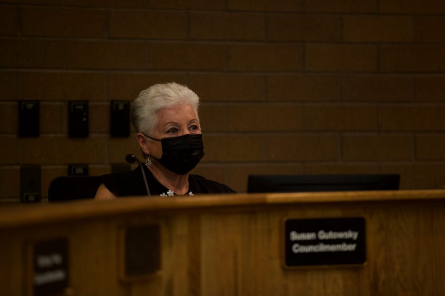 Councilmember Susan Gutowsky listens during a Fort Collins City Council session Sept. 21, 2021. The City Council heard from community members and moved forward with a variety of ordinances impacting Poudre School District, local marijuana codes, infrastructure and other aspects of the City.