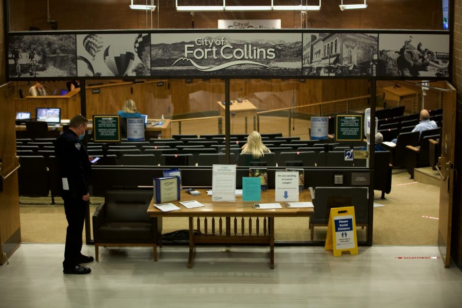 Fort Collins City Council in session Sept. 21, 2021. The City Council heard from community members and moved forward with a variety of ordinances impacting Poudre School District, local marijuana codes, infrastructure, and other aspects of the city.  (Ryan Schmidt | The Collegian)