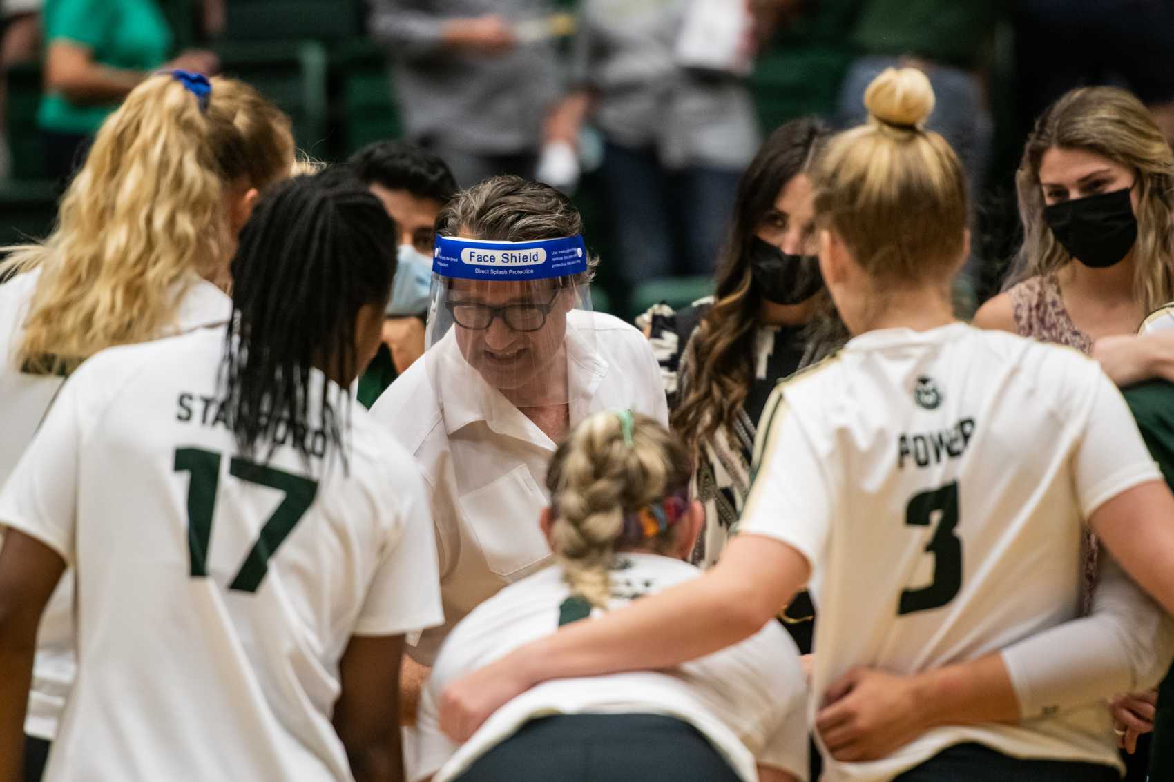 After the Colorado State University Rams won the third match against the University of Wyoming Cowgirls 25-22, Head Coach Tom Hilbert talks to the team huddle