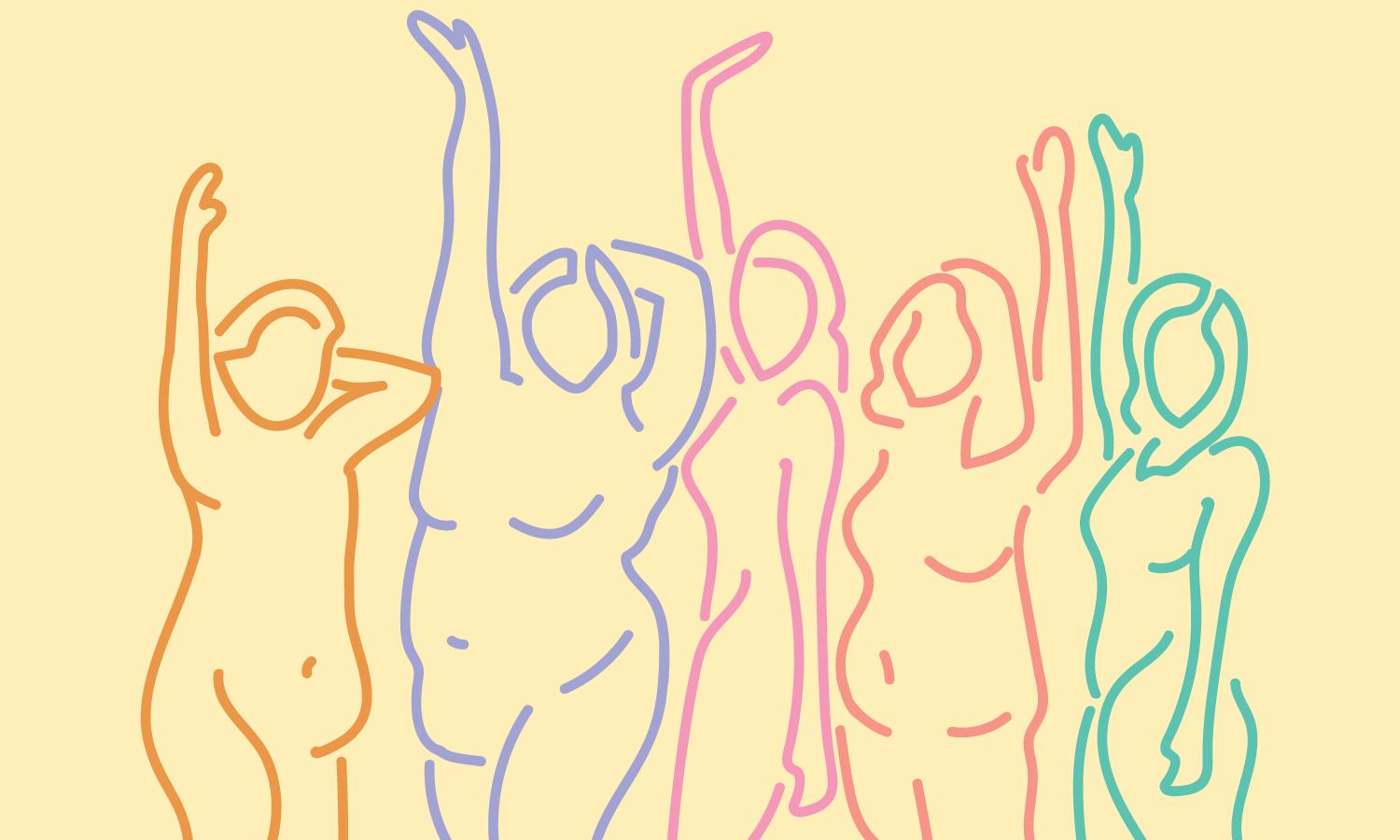 Colorful graphic line art depicting different body shapes for body positivity