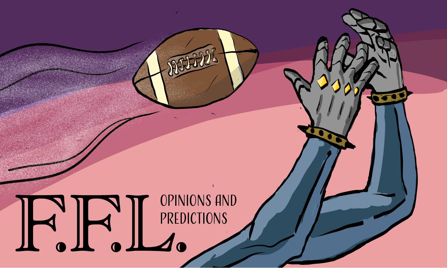 Illustration with the text Fantasy Football League Opinions and Predictions in the bottom left corner. The illustration being is 2 hands catching a football