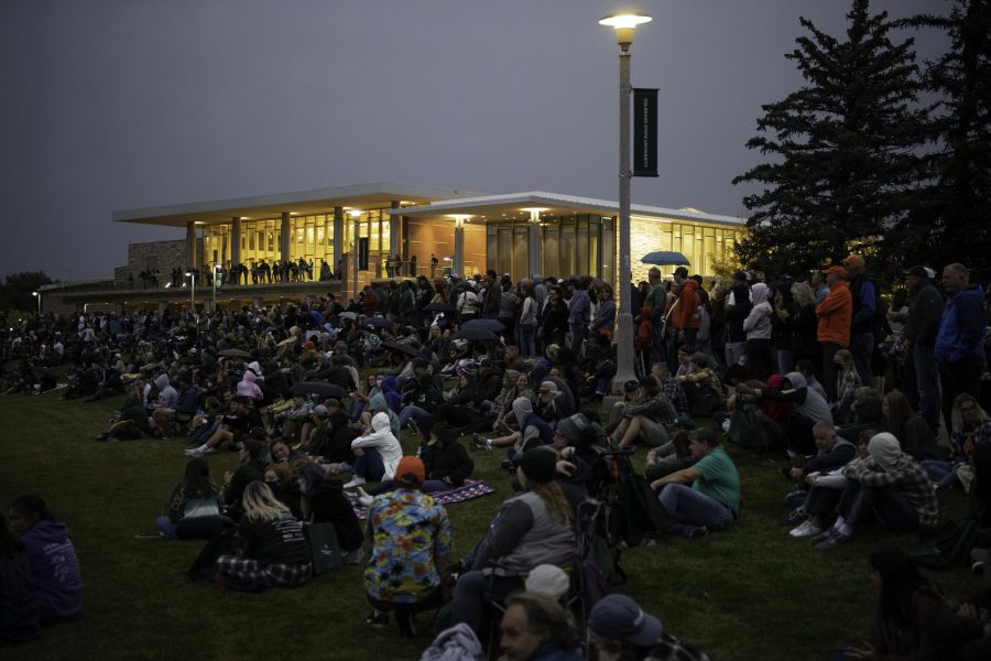 People gather outside the Colorado State University Lory Student Center to watch the homecoming tradition of lighting the A, fireworks, and bonfire Oct. 8. (Garrett Mogel | The Collegian)