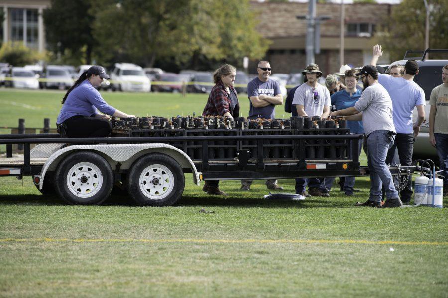 Angel Light Pyrotechnics, Colorado School of Mines Pyrotechnics Club, and Night Music collaborate to setup up the Colorado State University homecoming firework display Oct. 8. (Garrett Mogel | The Collegian)