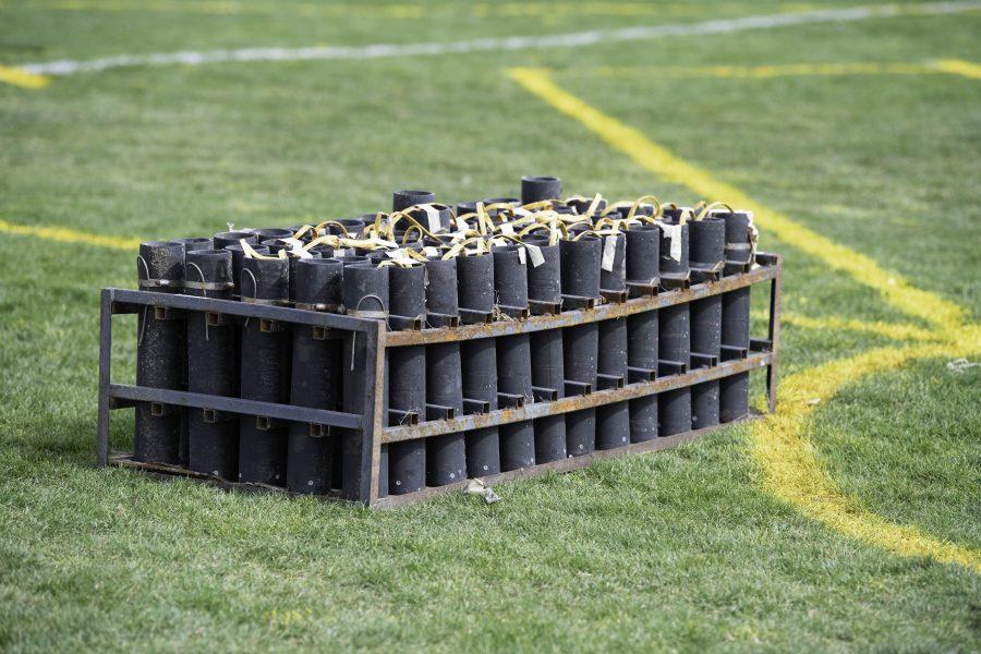 Firework mortar tubes filled with two- and half-inch shells sits on the Colorado State University Intermural fields in preparation for the homecoming firework display Oct. 8. (Garrett Mogel | The Collegian)