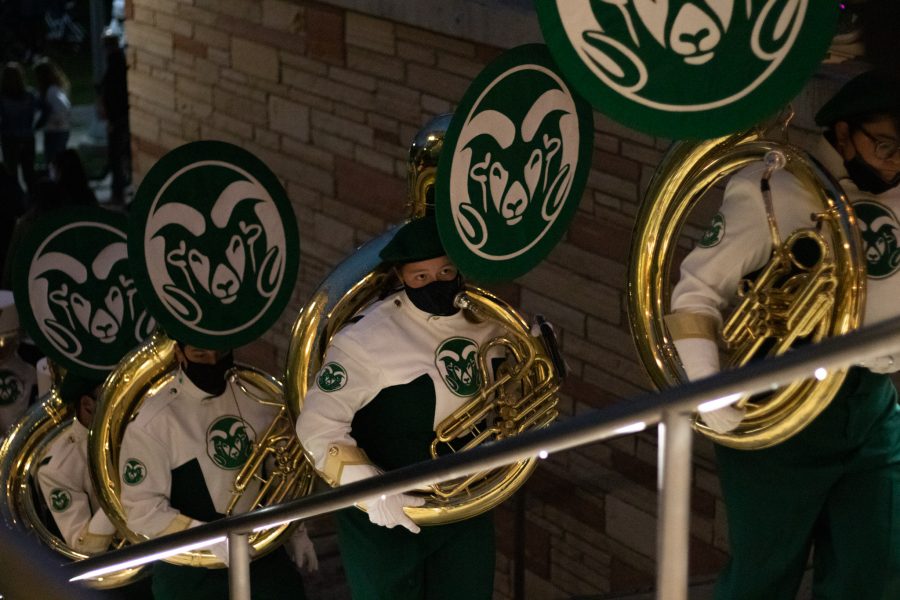 Colorado State University French horn players entering Lory Student Center after Homecoming ceremony on the West lawn Oct 08. (The Collegian | Grayson Reed)