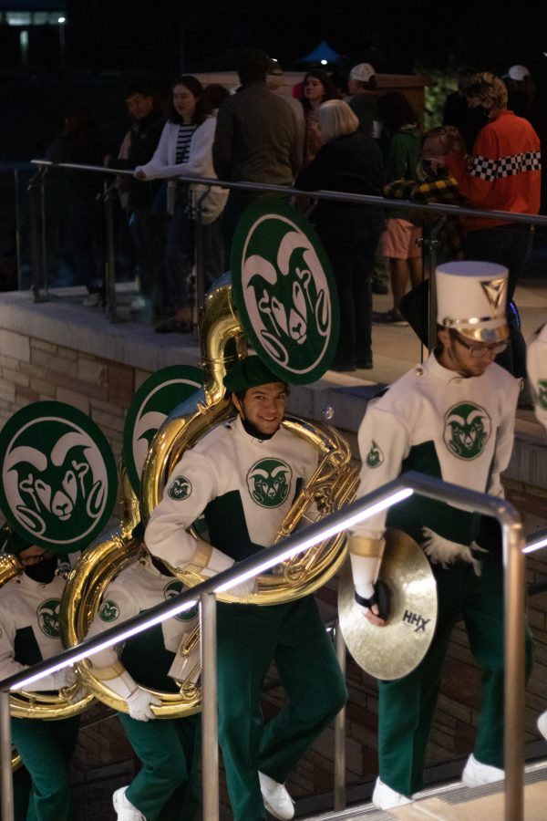 Colorado State University band members entering Lory Student Center after Homecoming ceremony on the West lawn Oct 08. (The Collegian | Grayson Reed)