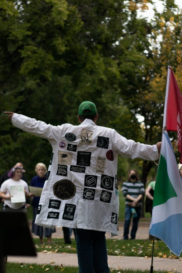 Lied Youngs, Climate change protestor, gives a speech in front of the Administration building at Colorado State University Oct 08. The protest was based around a cleaner campus and the equal pay to the working students who are overburdened. (The Collegian | Grayson Reed)