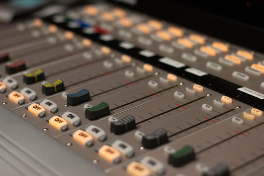 A sound board at Ben Haney’s desk behind the DJ Booth under Lory Student Center at Colorado State University Oct. 11. (The Collegian | Grayson Reed)