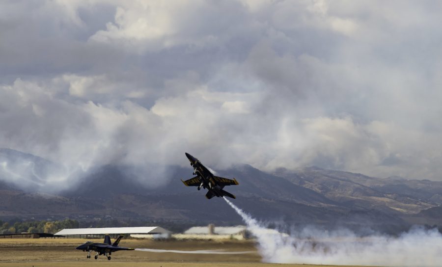 Two United States Navy Blue Angels take off at the Northern Colorado Regional Airport in Loveland Colorado practicing high performance takeoffs before the Great Colorado Air Show at the Northern Colorado Regional Airport in Loveland Colorado Oct. 14. It has been 19 years since the Blue Angels last flew in Loveland and chose to do so on their 75th Anniversary. (Garrett Mogel | The Collegian)