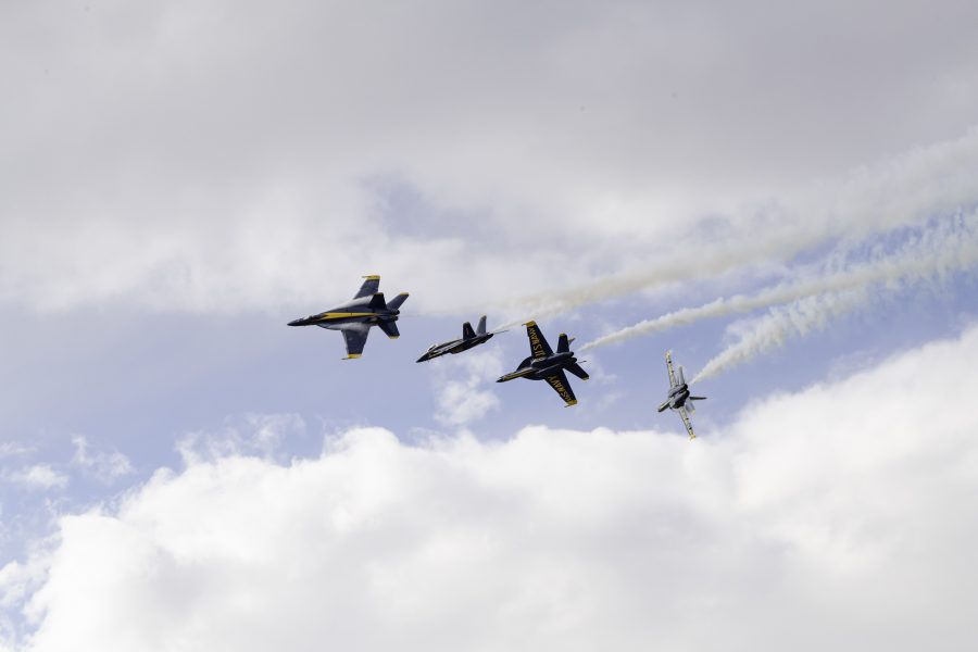 Four of the United States Navy Blue Angels F/A-18 Super Hornets practice breaking away from formation before the Great Colorado Air Show at the Northern Colorado Regional Airport in Loveland Colorado Oct. 14. It has been 19 years since the Blue Angels last flew in Loveland and chose to do so on their 75th Anniversary. (Garrett Mogel | The Collegian)