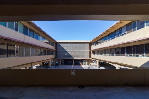 The Andrew G. Clark Buildings A and B wings as seen from a bridge connecting the two portions of the B wing Oct. 15. (Michael Marquardt | The Collegian)
