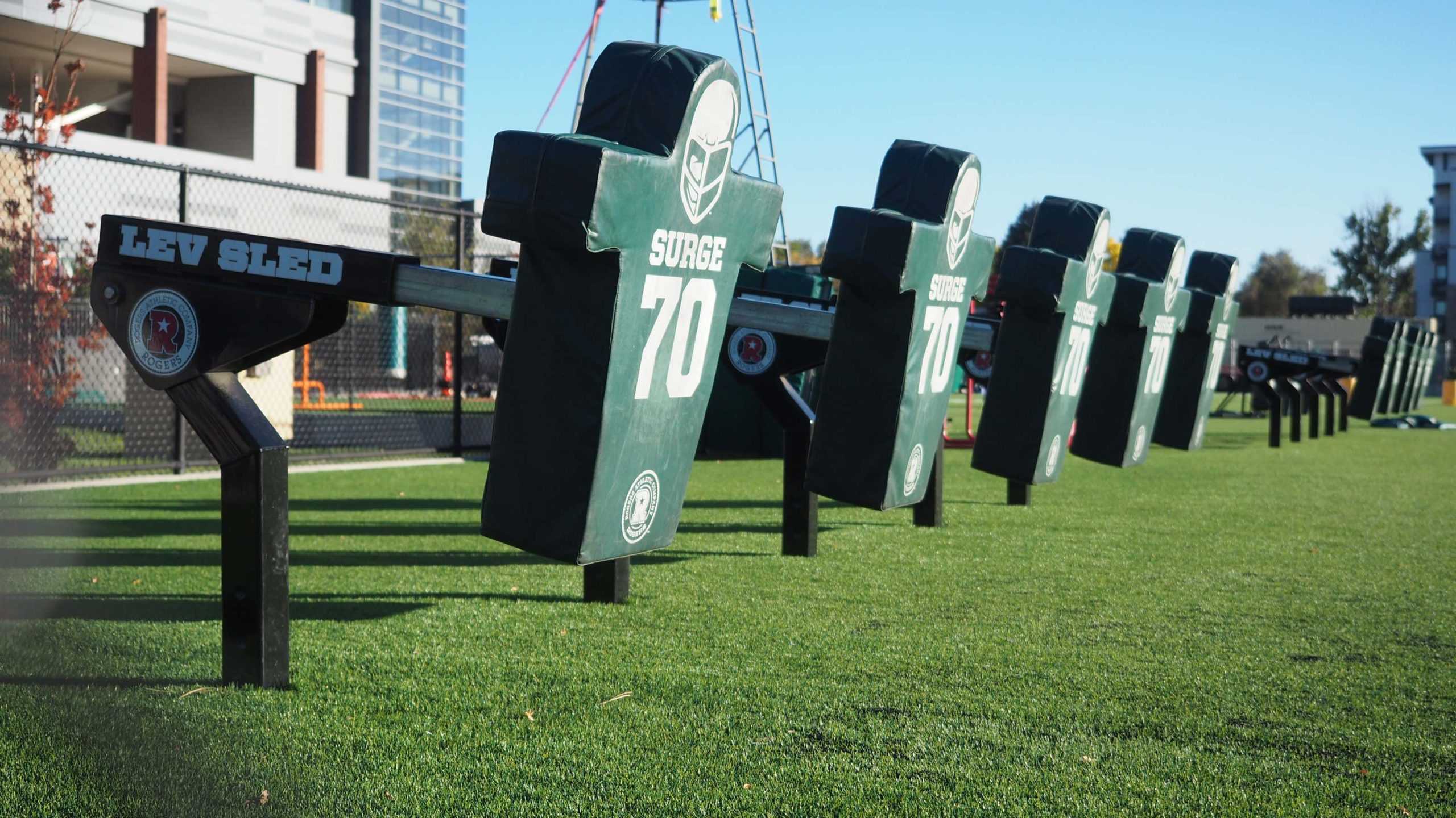 A football sled on the Colorado State football practice field