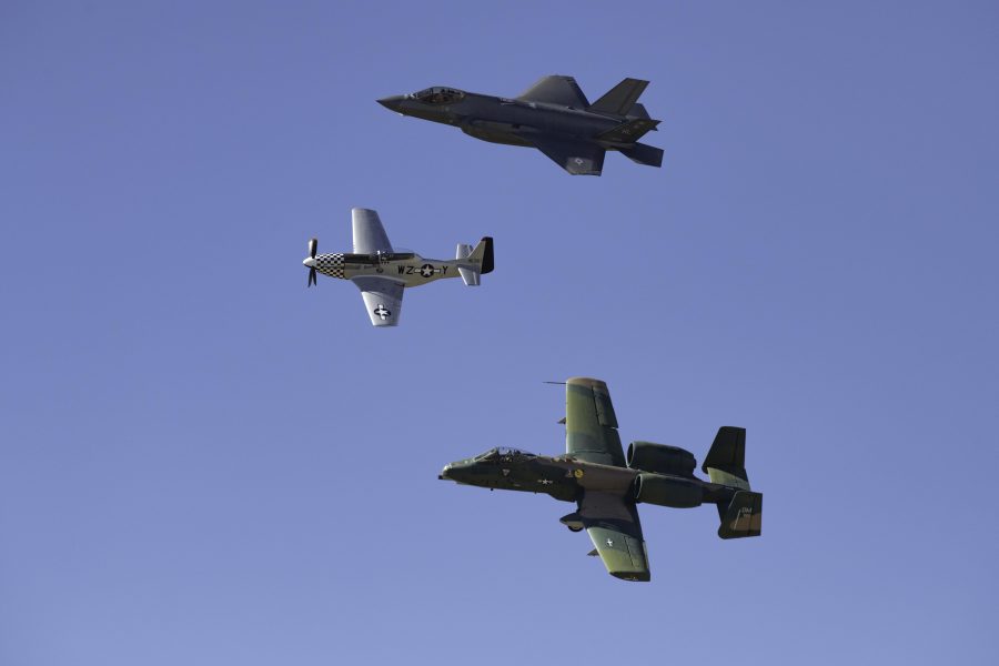 The A-10, P-51 Mustang, and F-35 perform a heritage flight at the Great Colorado Air Show held at the Northern Colorado Regional Airport in Loveland Colorado Oct. 17. (Garrett Mogel | The Collegian)