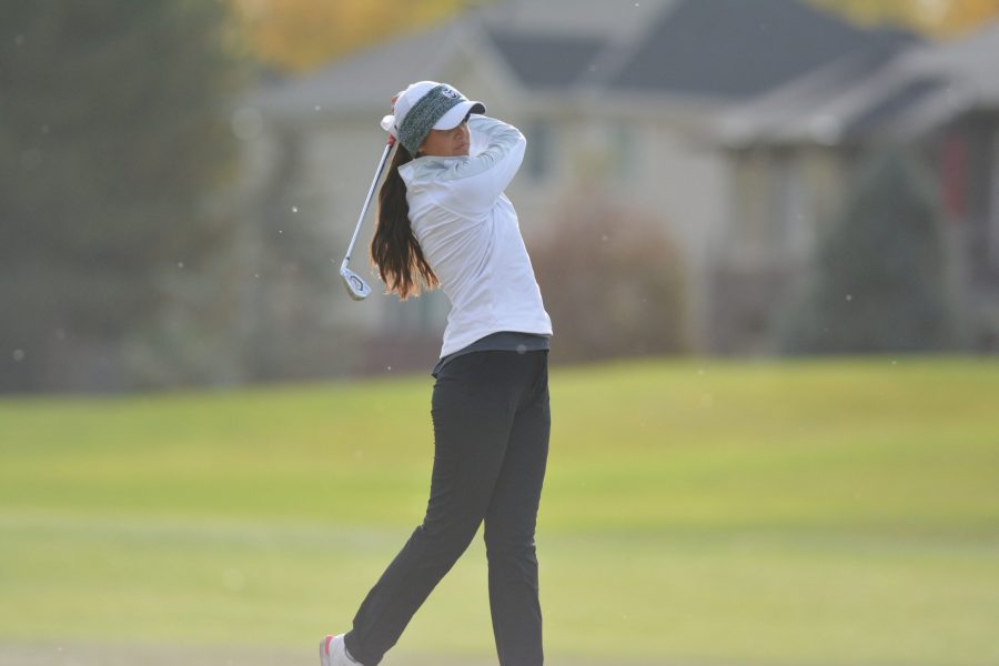 Colorado State womens golf player Sofia Torres hits a ball at the Ptarmigan Country Club  Oct 19. The Rams placed third in the Colonel Wollenberg Ptarmigan Ram Classic  tournament. They play next February 8 , 2022 n Boca Raton Florida at the FAU paradise invitational  Gregory James | The Collegian)