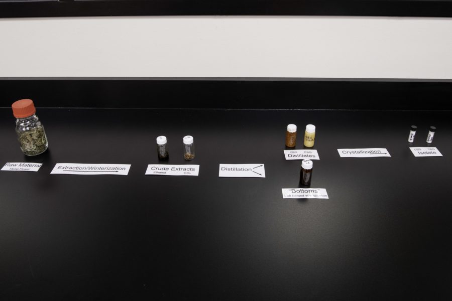 The stages of separating out cannabidiol (CBD) and cannabigerol (CBG) from the cannabis plant is displayed in the new Cannabinoid Research Center on Colorado State University Campus Fort Collins Colorado. The lab is a 1.5-million-dollar gift from CSU alumna Leslie Buttorff, Chief Executive Officer of Panacea Life Sciences and had its grand opening Oct. 19. (Garrett Mogel | The Collegian)