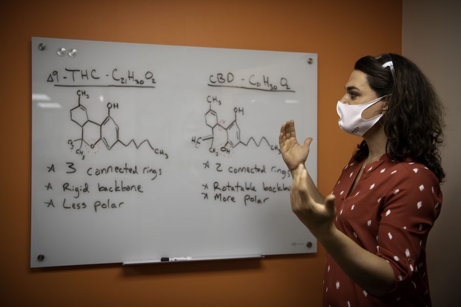 Jamie Cuchiaro discusses the difference between some of the 120 known cannabinoids in the new Cannabinoid Research Center in the Colorado State University Yates Chemistry building. The lab was a 1.5-million-dollar gift from CSU alumna Leslie Buttorff, CEO of Panacea Life Sciences. Buttorff stated, “What we want to do is find unique cannabinoids that can help people, natural remedies to get rid of big pharma medicine that people have.” Oct. 19. (Garrett Mogel | The Collegian)