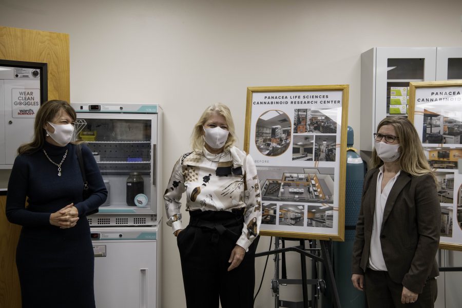 Jennifer Dimas, Leslie Buttorff CEO of Panacea Life Sciences, and Melissa Reynolds the director of the new Cannabinoid Research Center in the Colorado State University Yates Chemistry building pose for a photo. The lab was a 1.5-million-dollar gift from CSU alumna Leslie Buttorff, Chief Executive Officer of Panacea Life Sciences. Buttorff stated, “If you look at the one thing about cannabis it needs a lot more research. And this lab is perfect for that.” Oct. 19. (Garrett Mogel | The Collegian)