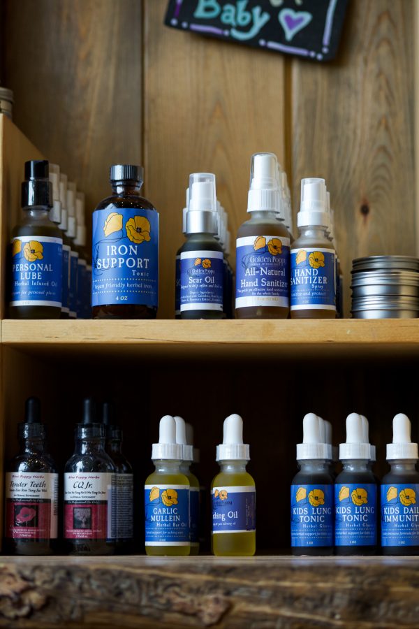 Some of the many tonics and tinctures at Golden Poppy Herbal Apothecary help Iron support, lungs and much more