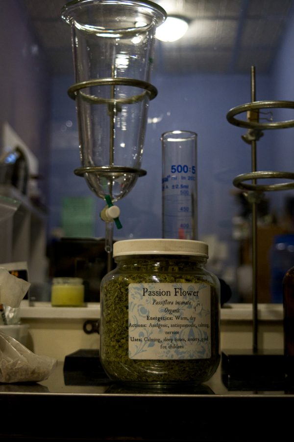 Percolation Passion Flower tincture set up at Golden Poppy Herbal Apothecary