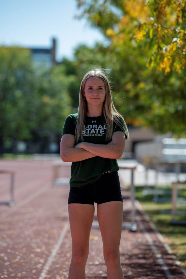 Lauren Gale, a runner for the 2021 Canadian Tokyo Olympic 4x400-meter relay team stands on the Jack Christiansen Memorial Track Fort Collins Colorado. Gale stated, “I’ve missed Colorado and missed all my teammates and friend here so I’m excited to be back and run with the team.” Oct. 4. (Garrett Mogel | The Collegian)