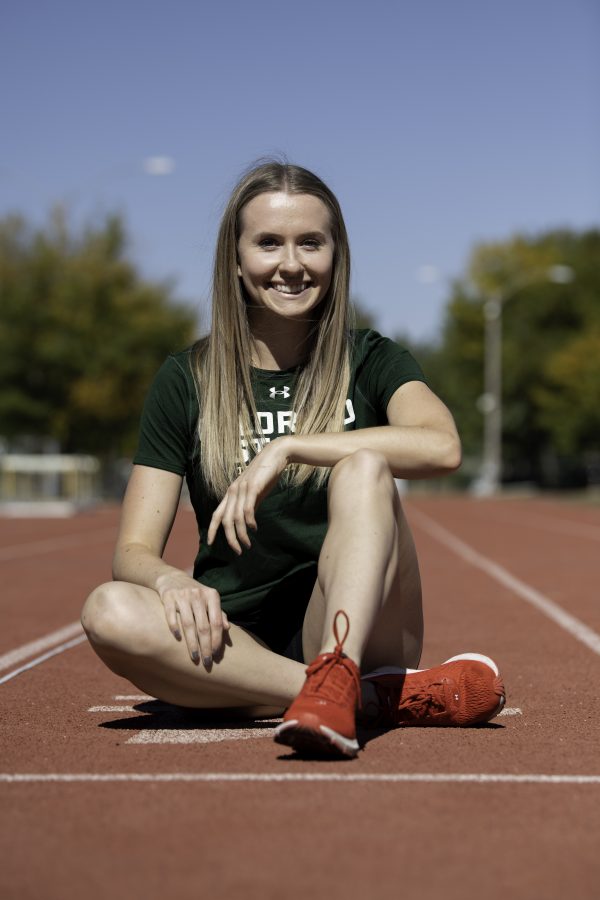 Lauren Gale, a runner for the 2021 Canadian Tokyo Olympic 4x400-meter relay team sits on the Jack Christiansen Memorial Track Fort Collins Colorado Oct. 4. (Garrett Mogel | The Collegian)