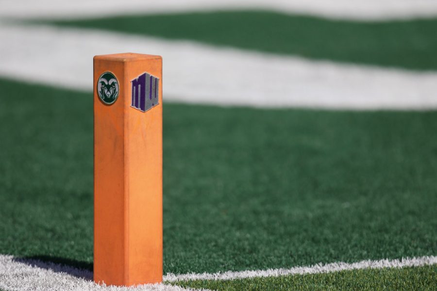 An end zone pylon with the Mountain West and Colorado State University logos Oct. 9. (Ryan Schmidt | The Collegian)